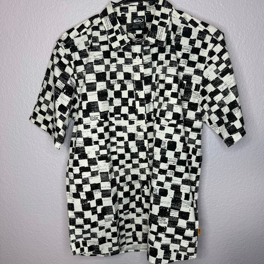 Quiksilver Boys Button Up Shirt X-Large Black White Geometric Print NWT